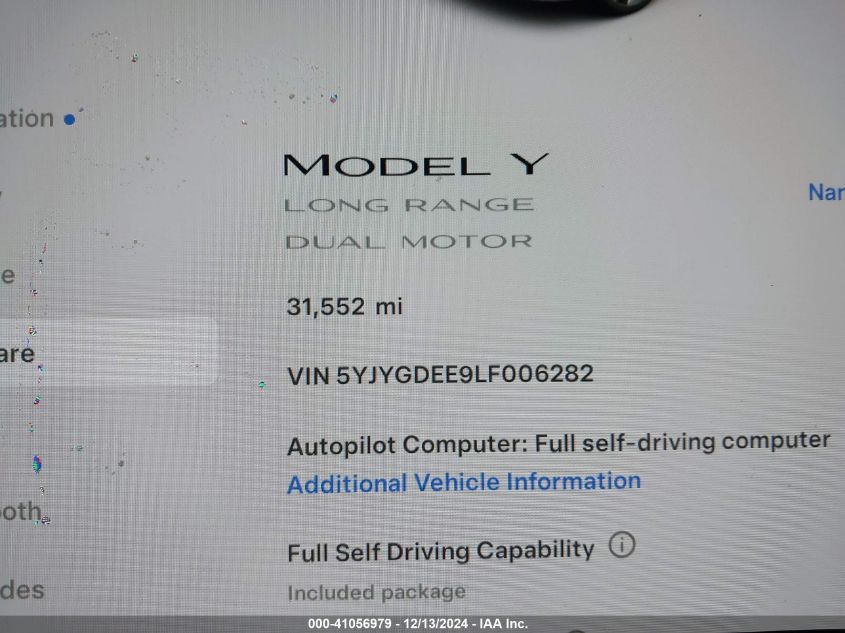 2020 Tesla Model Y Long Range Dual Motor All-Wheel Drive VIN: 5YJYGDEE9LF006282 Lot: 41056979