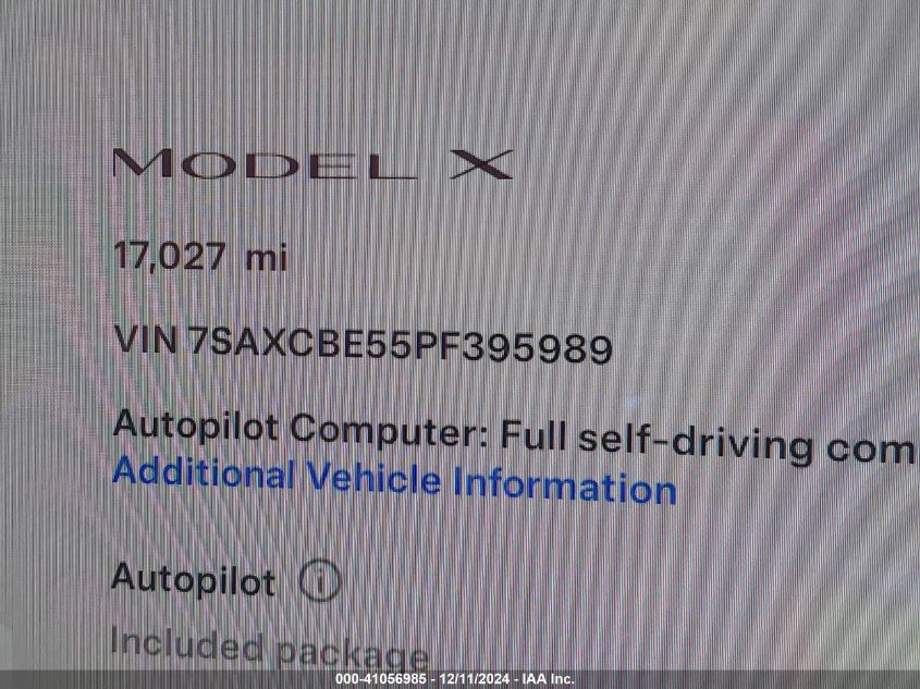 2023 Tesla Model X Dual Motor All-Wheel Drive/Standard Range VIN: 7SAXCBE55PF395989 Lot: 41056985