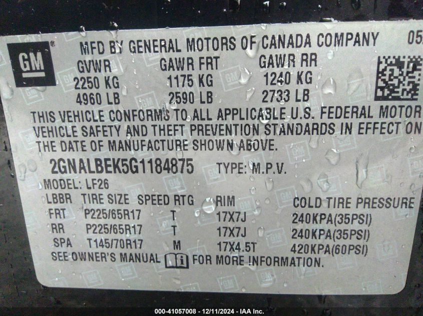 2016 Chevrolet Equinox Ls VIN: 2GNALBEK5G1184875 Lot: 41057008