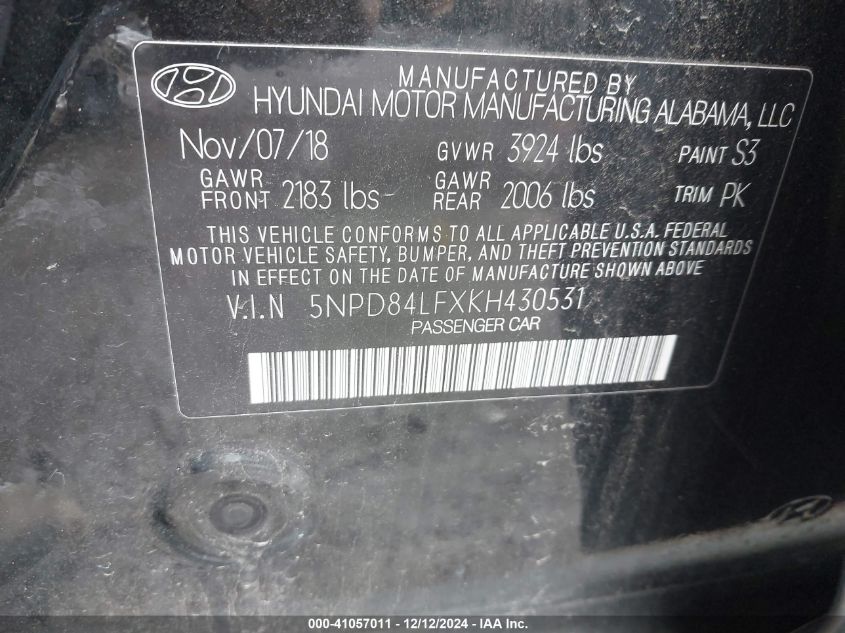 VIN 5NPD84LFXKH430531 2019 Hyundai Elantra, Limited no.9