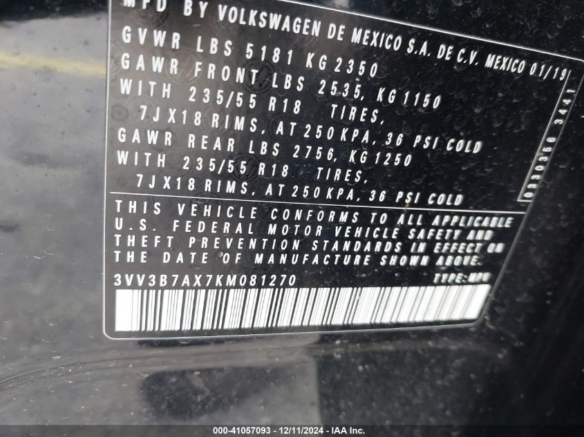 VIN 3VV3B7AX7KM081270 2019 Volkswagen Tiguan, 2.0T... no.9