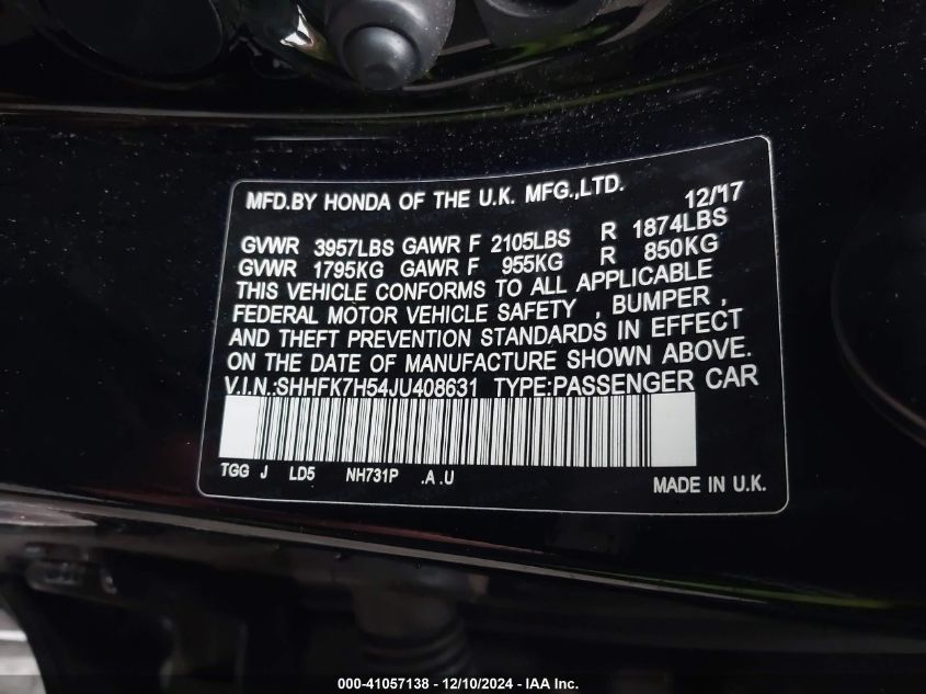 VIN SHHFK7H54JU408631 2018 Honda Civic, EX no.9