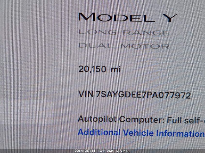 2023 TESLA MODEL Y AWD/LONG RANGE DUAL MOTOR ALL-WHEEL DRIVE - 7SAYGDEE7PA077972