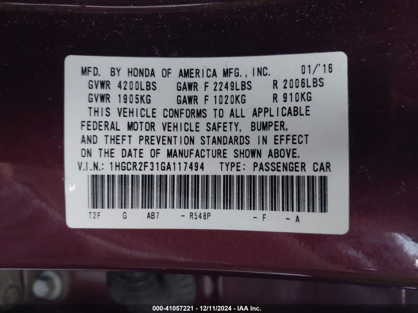 2016 HONDA ACCORD VIN: 1HGCR2F31GA117494