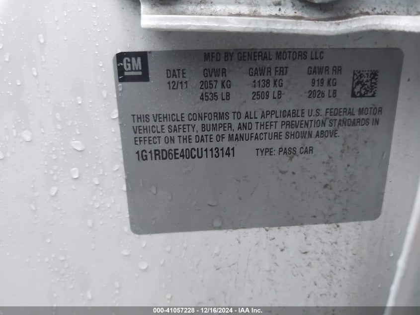 2012 CHEVROLET VOLT VIN: 1G1RD6E40CU113141