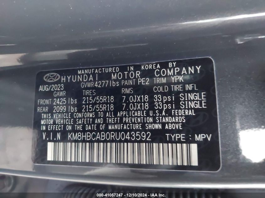 2024 Hyundai Kona Sel VIN: KM8HBCAB0RU043592 Lot: 41057247