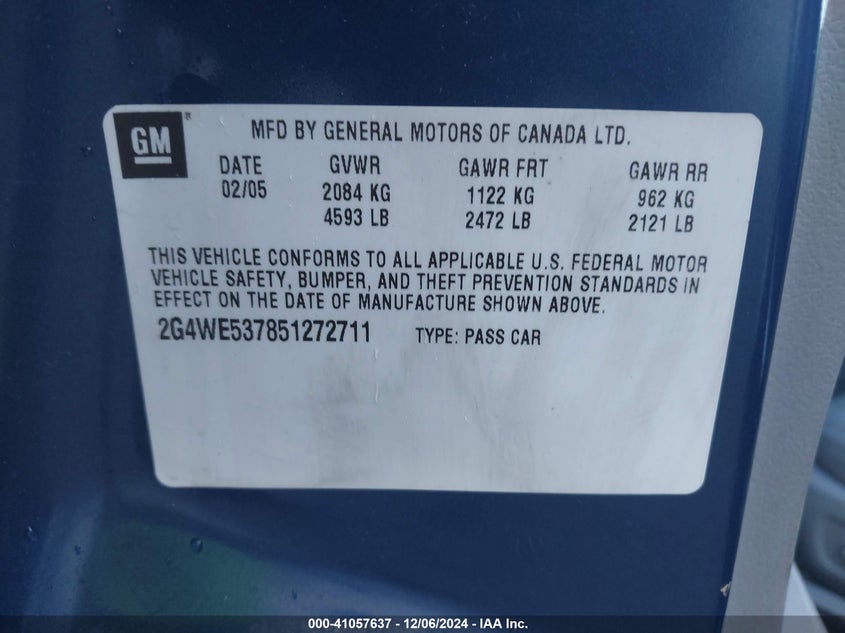 2005 Buick Lacrosse Cxs VIN: 2G4WE537851272711 Lot: 41057637