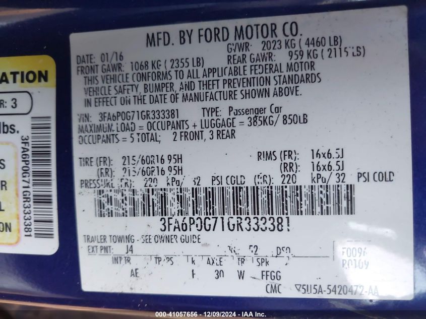 2016 FORD FUSION S - 3FA6P0G71GR333381