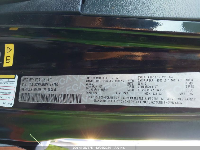 2022 Jeep Wrangler 4Xe Unlimited Sahara 4X4 VIN: 1C4JJXP68NW178764 Lot: 41057675