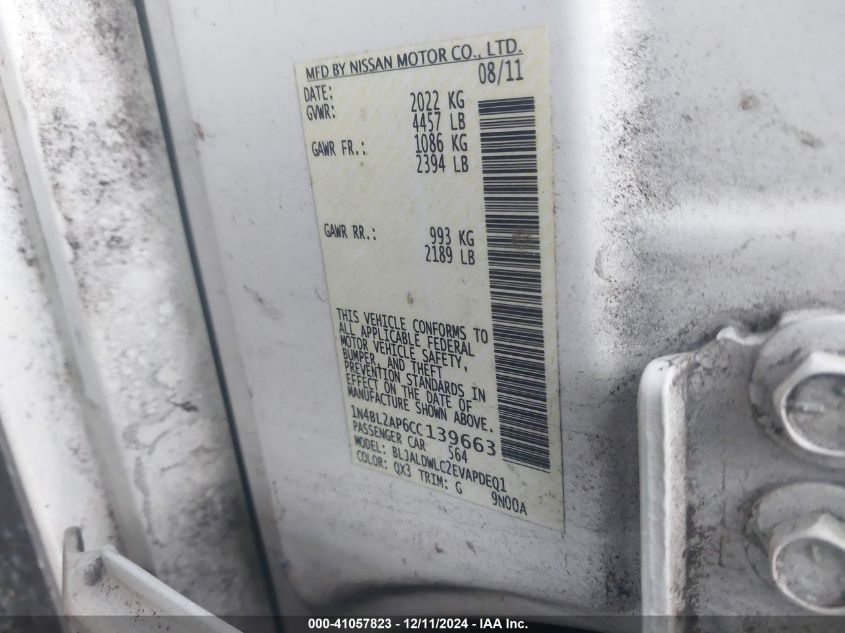 2012 Nissan Altima 3.5 Sr VIN: 1N4BL2AP6CC139663 Lot: 41057823