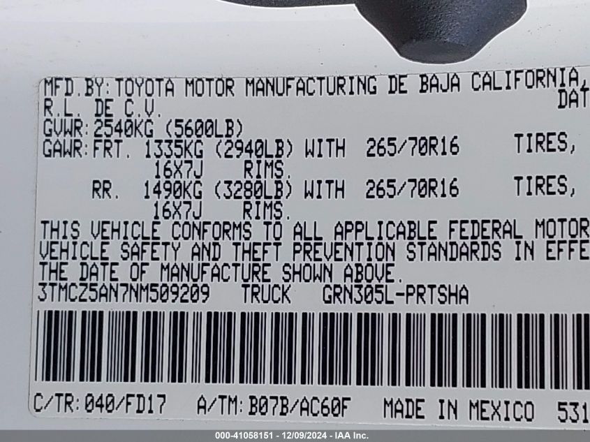 VIN 3TMCZ5AN7NM509209 2022 TOYOTA TACOMA no.9