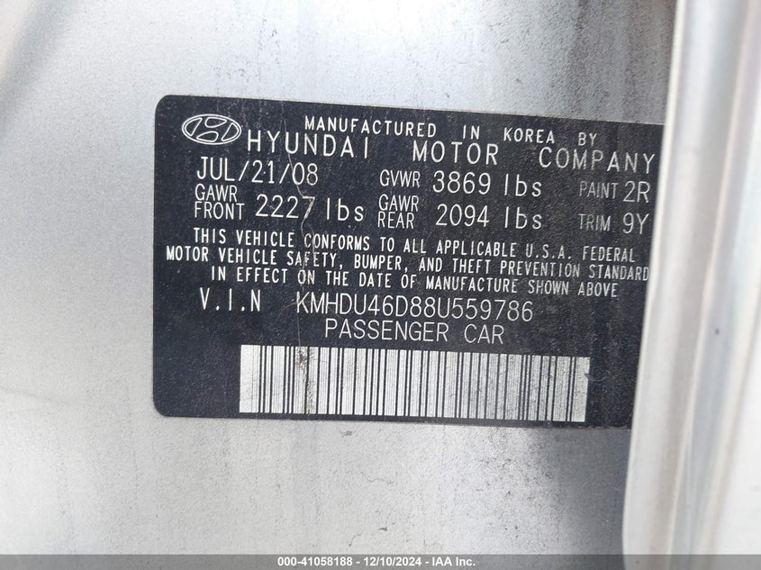2008 HYUNDAI ELANTRA VIN: KMHDU46D88U559786