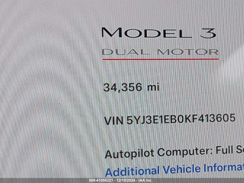 2019 Tesla Model 3 Long Range/Performance VIN: 5YJ3E1EB0KF413605 Lot: 41058221