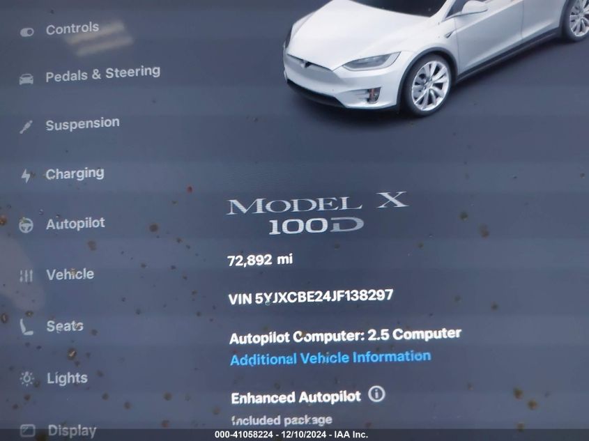 2018 Tesla Model X 100D/75D/P100D VIN: 5YJXCBE24JF138297 Lot: 41058224