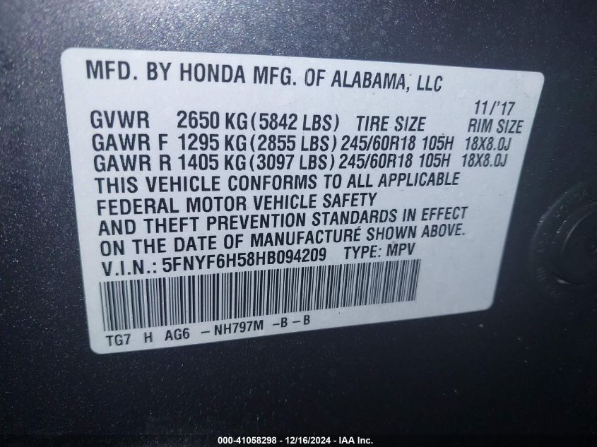 VIN 5FNYF6H58HB094209 2017 Honda Pilot, Ex-L no.9