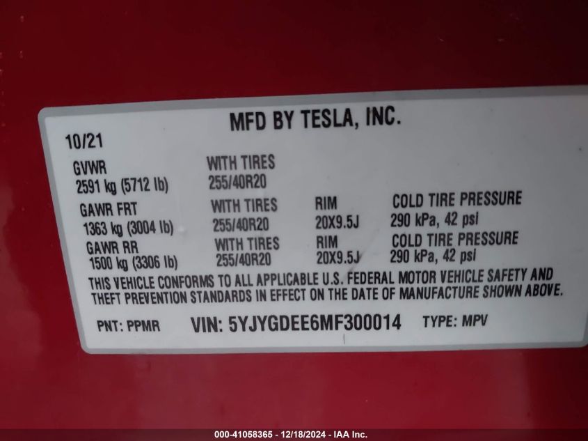 2021 TESLA MODEL Y LONG RANGE DUAL MOTOR ALL-WHEEL DRIVE - 5YJYGDEE6MF300014