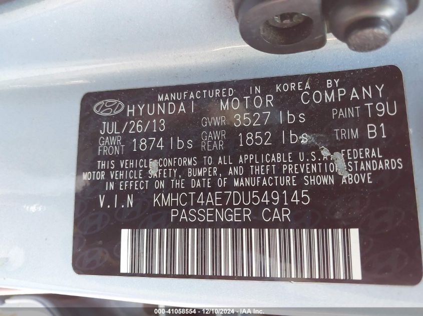 VIN KMHCT4AE7DU549145 2013 Hyundai Accent, Gls no.9