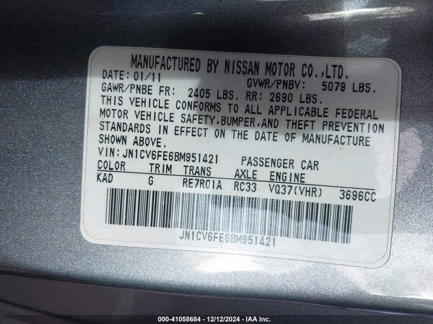 2011 INFINITI G37 VIN: JN1CV6FE6BM951421