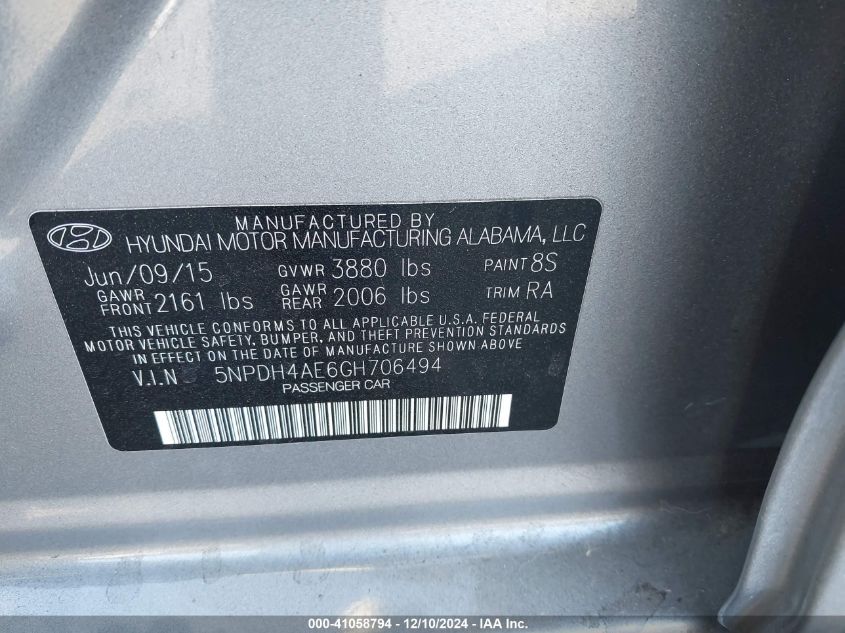 VIN 5NPDH4AE6GH706494 2016 Hyundai Elantra, SE no.9