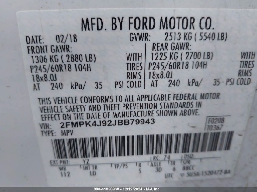 VIN 2FMPK4J92JBB79943 2018 FORD EDGE no.9