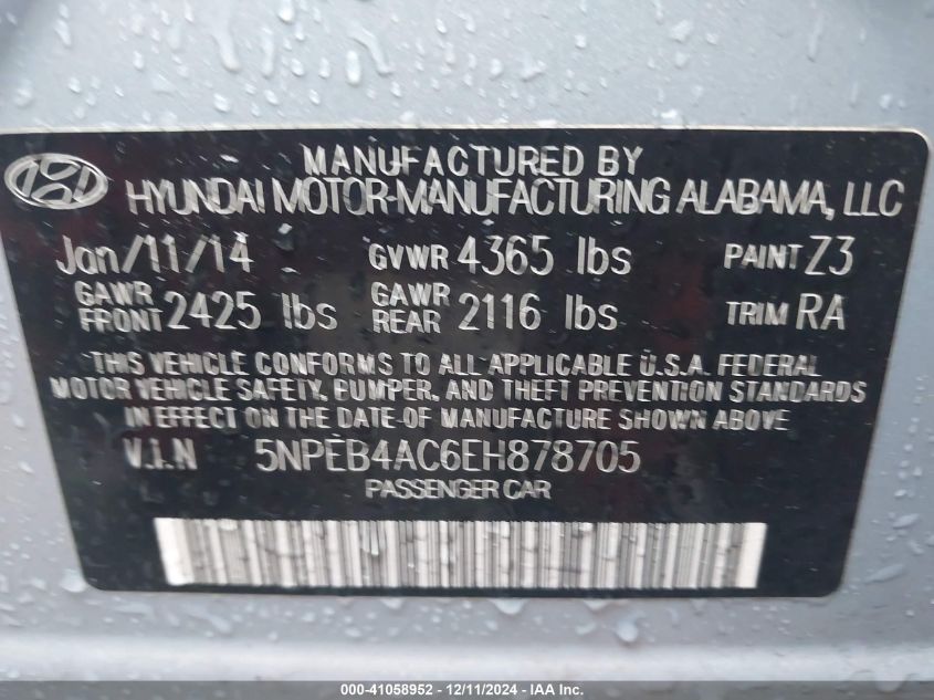 VIN 5NPEB4AC6EH878705 2014 Hyundai Sonata, Gls no.9