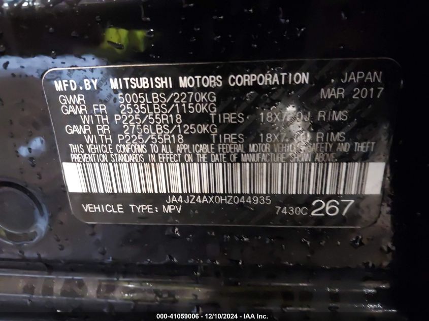 2017 Mitsubishi Outlander Gt VIN: JA4JZ4AX0HZ044935 Lot: 41059006