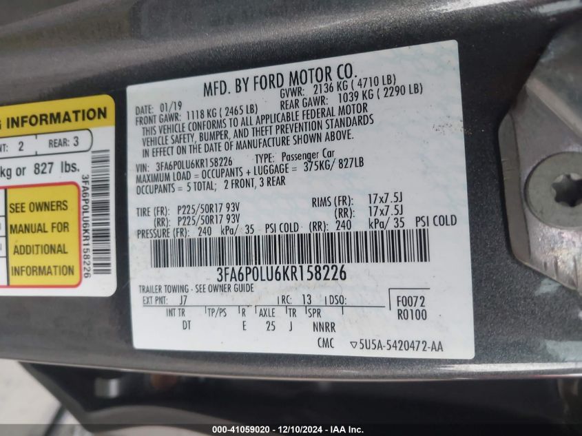 VIN 3FA6P0LU6KR158226 2019 Ford Fusion, Hybrid SE no.9