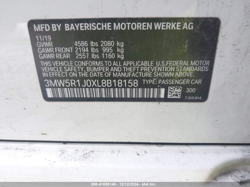 VIN 3MW5R1J0XL8B18158 2020 BMW 330I no.9