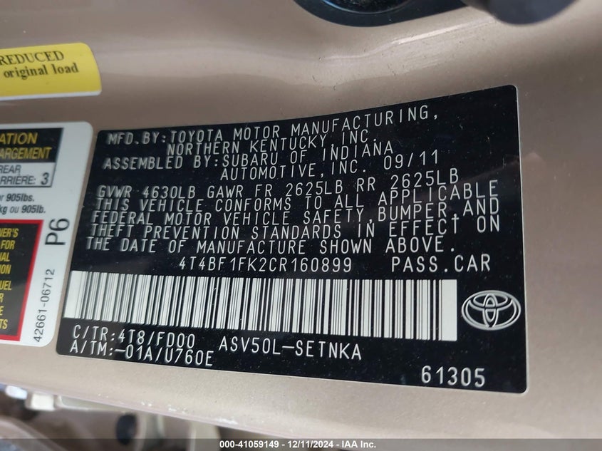 2012 TOYOTA CAMRY VIN: 4T4BF1FK2CR160899