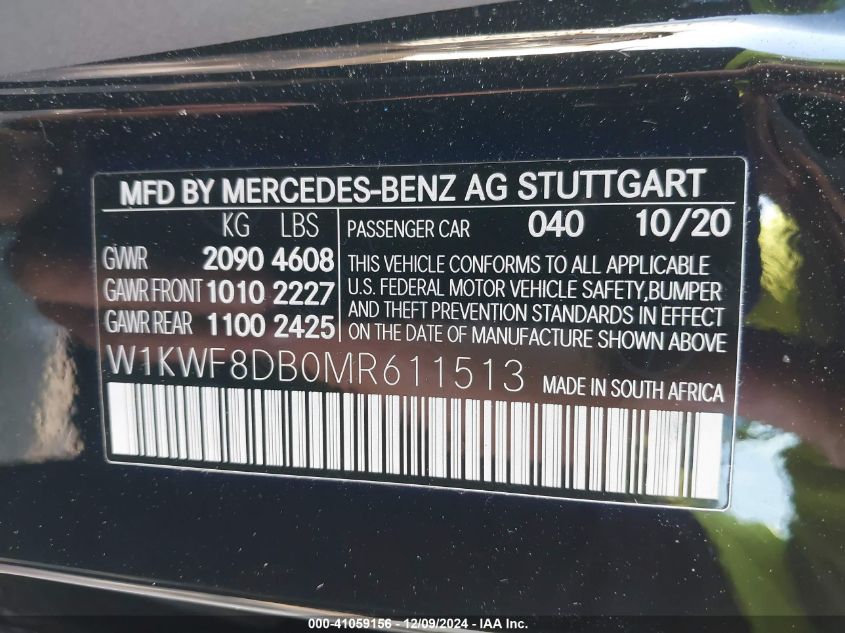 VIN W1KWF8DB0MR611513 2021 MERCEDES-BENZ C 300 no.9