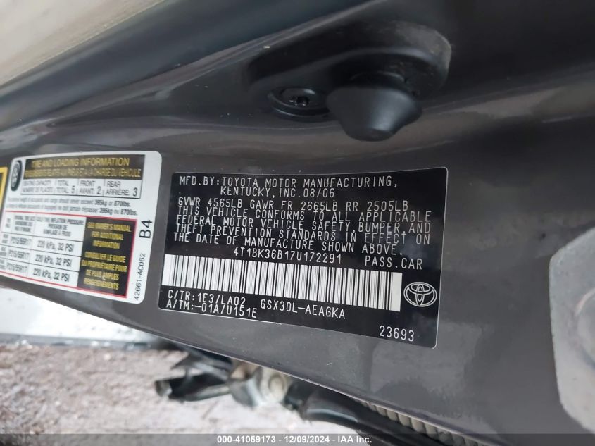 2007 Toyota Avalon Xls VIN: 4T1BK36B17U172291 Lot: 41059173