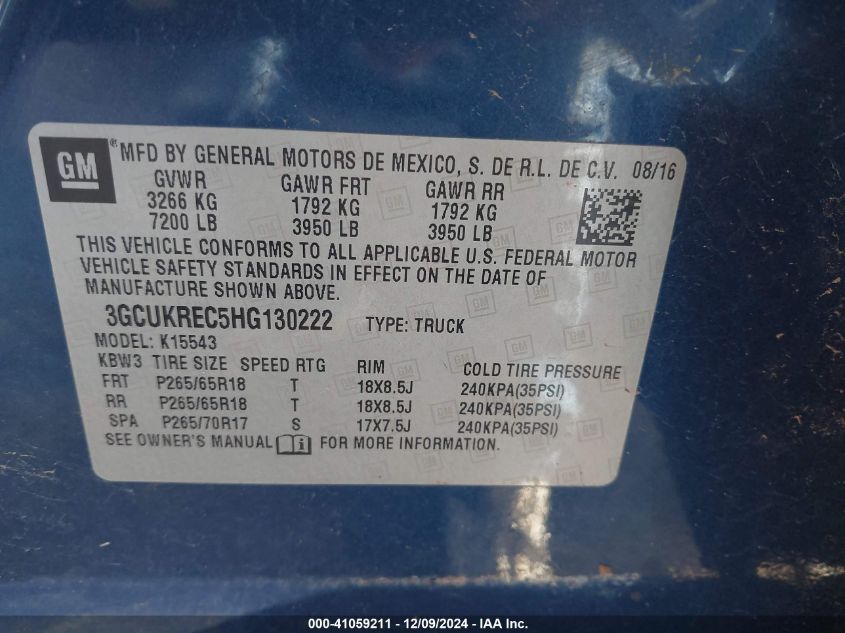 2017 Chevrolet Silverado 1500 1Lt VIN: 3GCUKREC5HG130222 Lot: 41059211