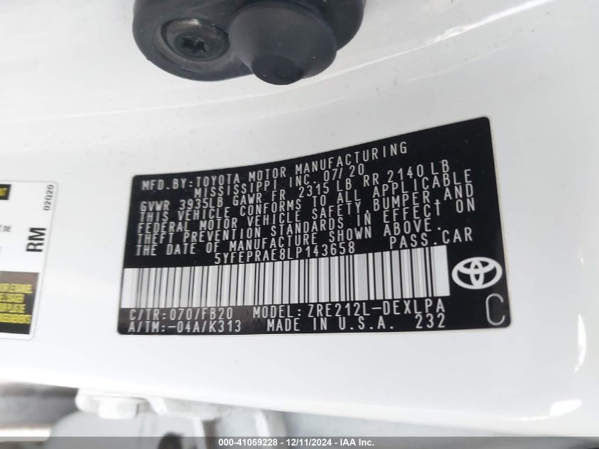 VIN 5YFEPRAE8LP143658 2020 Toyota Corolla, LE no.9