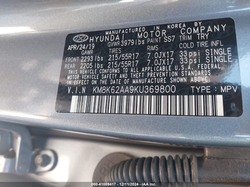2019 Hyundai Kona Sel VIN: KM8K62AA9KU369800 Lot: 41059417