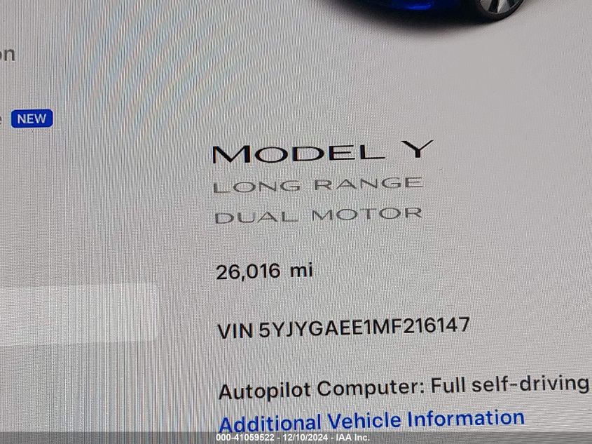 2021 Tesla Model Y Long Range Dual Motor All-Wheel Drive VIN: 5YJYGAEE1MF216147 Lot: 41059522