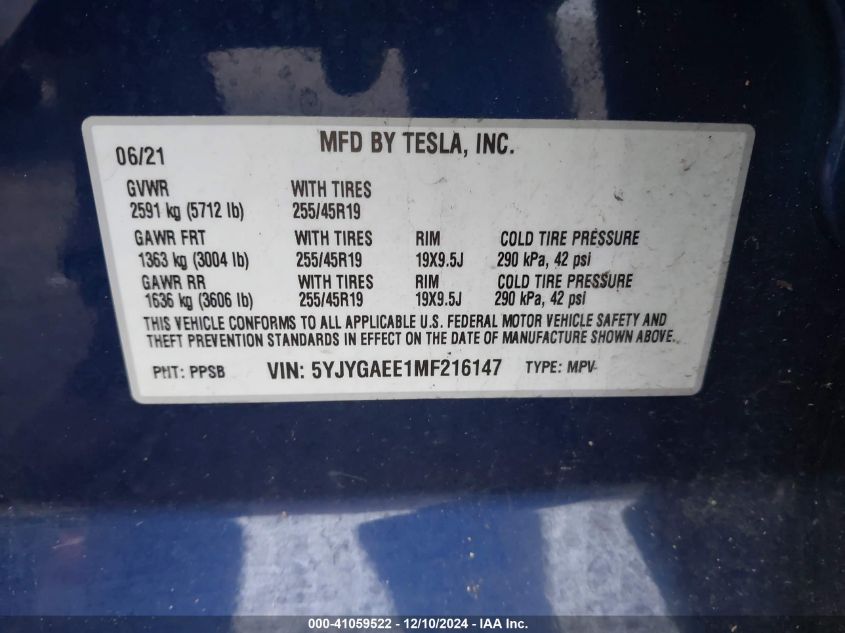 2021 Tesla Model Y Long Range Dual Motor All-Wheel Drive VIN: 5YJYGAEE1MF216147 Lot: 41059522