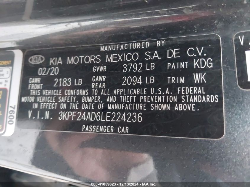 VIN 3KPF24AD6LE224236 2020 KIA Forte, FE no.9