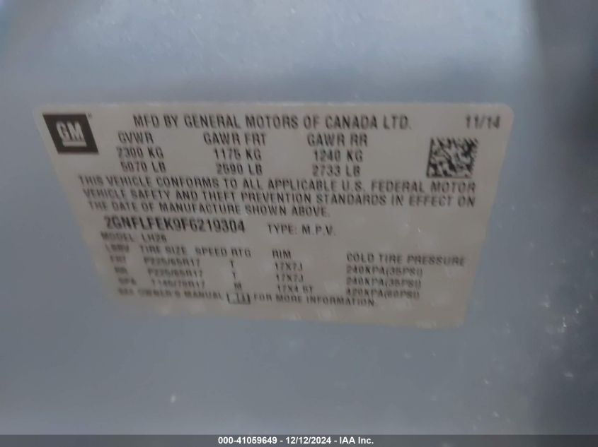 2015 Chevrolet Equinox 1Lt VIN: 2GNFLFEK9F6219304 Lot: 41059649