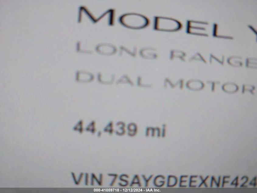 2022 Tesla Model Y Long Range Dual Motor All-Wheel Drive VIN: 7SAYGDEEXNF424856 Lot: 41059718