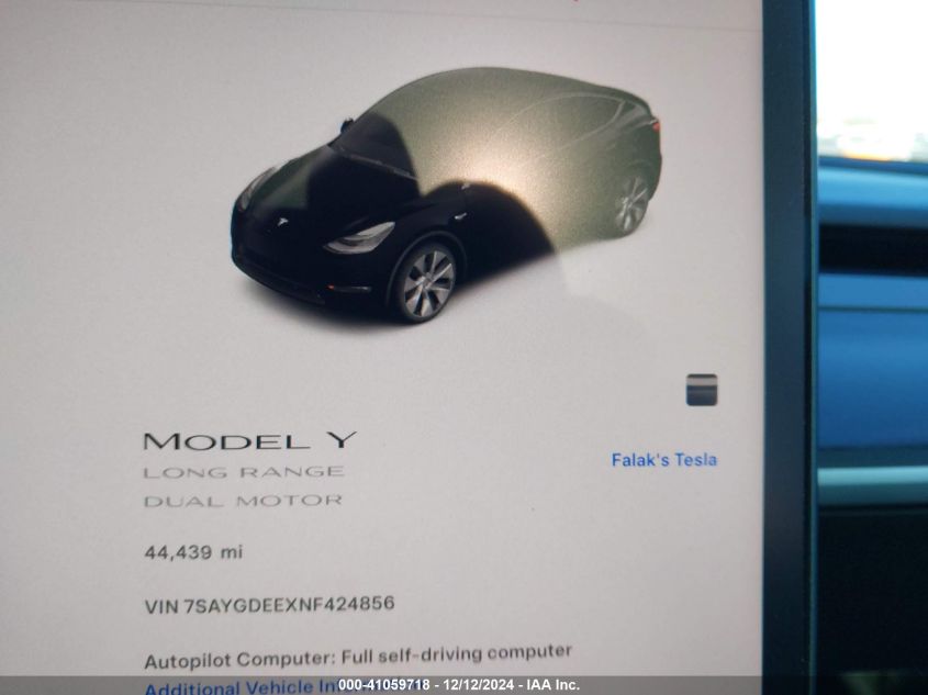 2022 Tesla Model Y Long Range Dual Motor All-Wheel Drive VIN: 7SAYGDEEXNF424856 Lot: 41059718