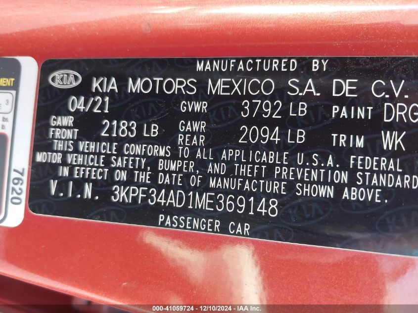 VIN 3KPF34AD1ME369148 2021 KIA Forte, Gt-Line no.9