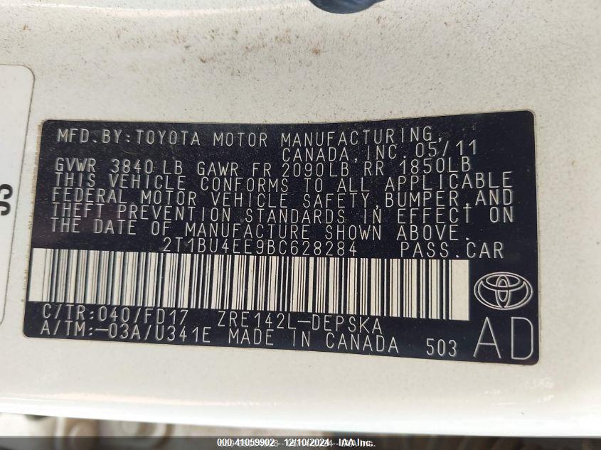 2011 TOYOTA COROLLA VIN: 2T1BU4EE9BC628284