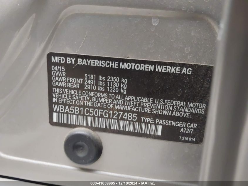 VIN WBA5B1C50FG127485 2015 BMW 535I no.9