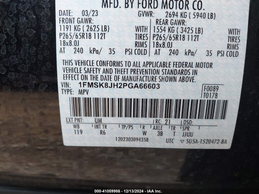 2023 Ford Explorer Timberline VIN: 1FMSK8JH2PGA66603 Lot: 41059988