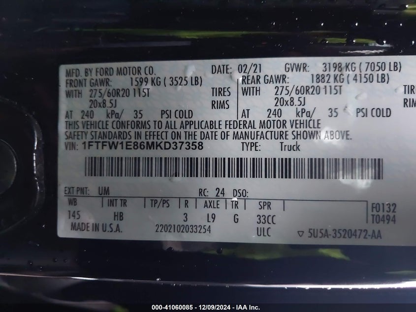2021 FORD F-150 VIN: 1FTFW1E86MKD37358