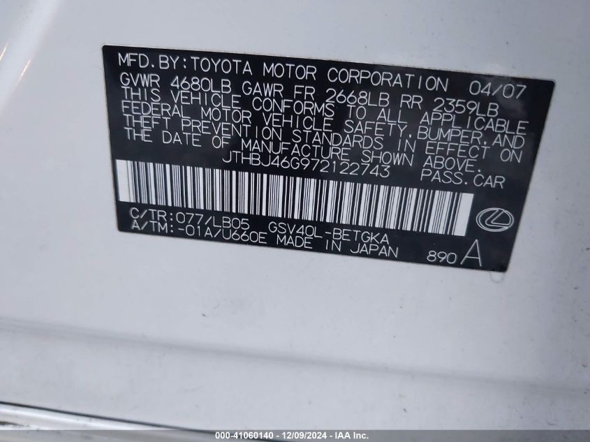 2007 Lexus Es 350 VIN: JTHBJ46G972122743 Lot: 41060140