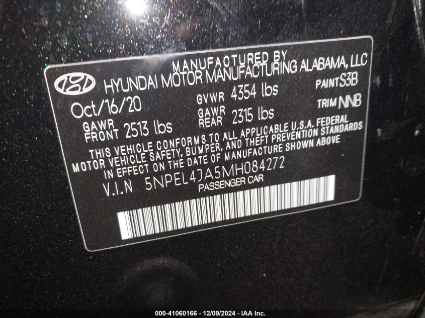 2021 Hyundai Sonata Sel VIN: 5NPEL4JA5MH084272 Lot: 41060166