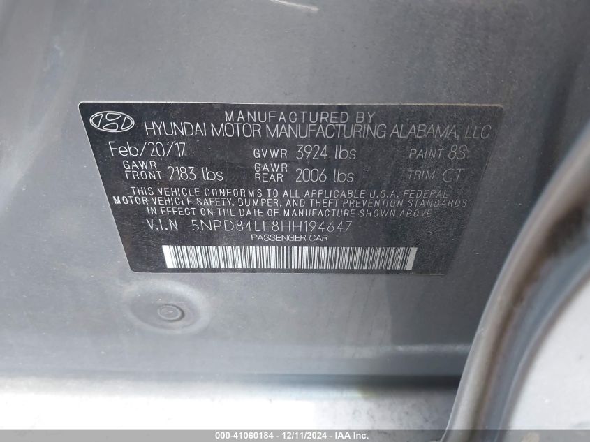 VIN 5NPD84LF8HH194647 2017 Hyundai Elantra, Value E... no.9