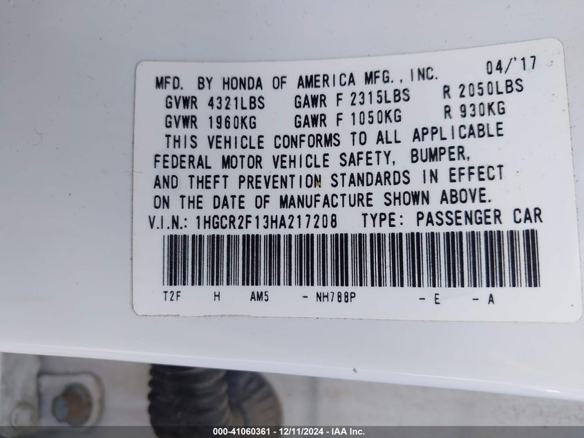 2017 HONDA ACCORD VIN: 1HGCR2F13HA217208