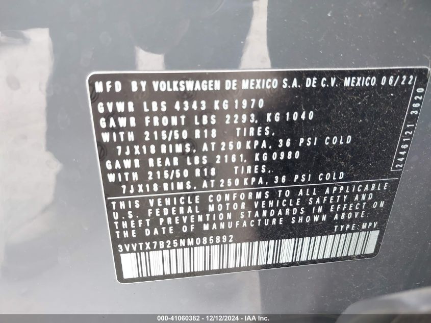 VIN 3VVTX7B25NM085892 2022 Volkswagen Taos, 1.5T Se no.9